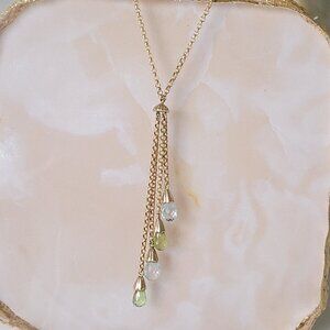 10K Solid Yellow Gold Tassel Lariat Briolette Necklace ~ Peridot/Aquamarine
